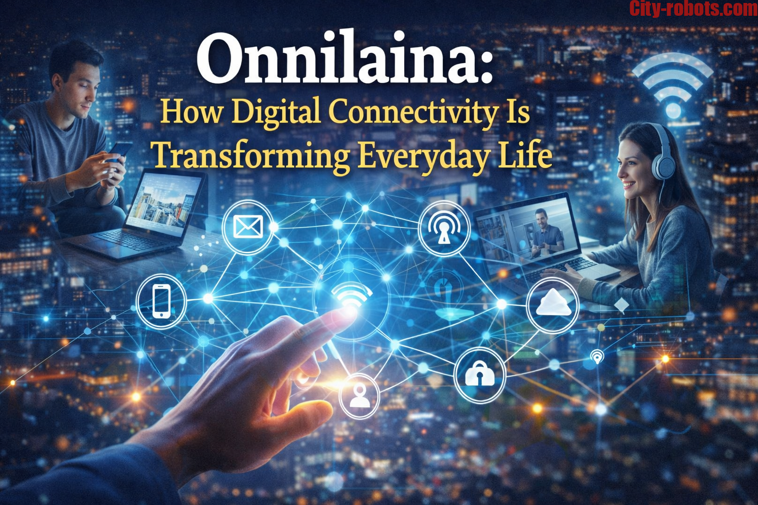 Futuristic digital scene showing people connected through technology, representing onnilaina and modern digital connectivity