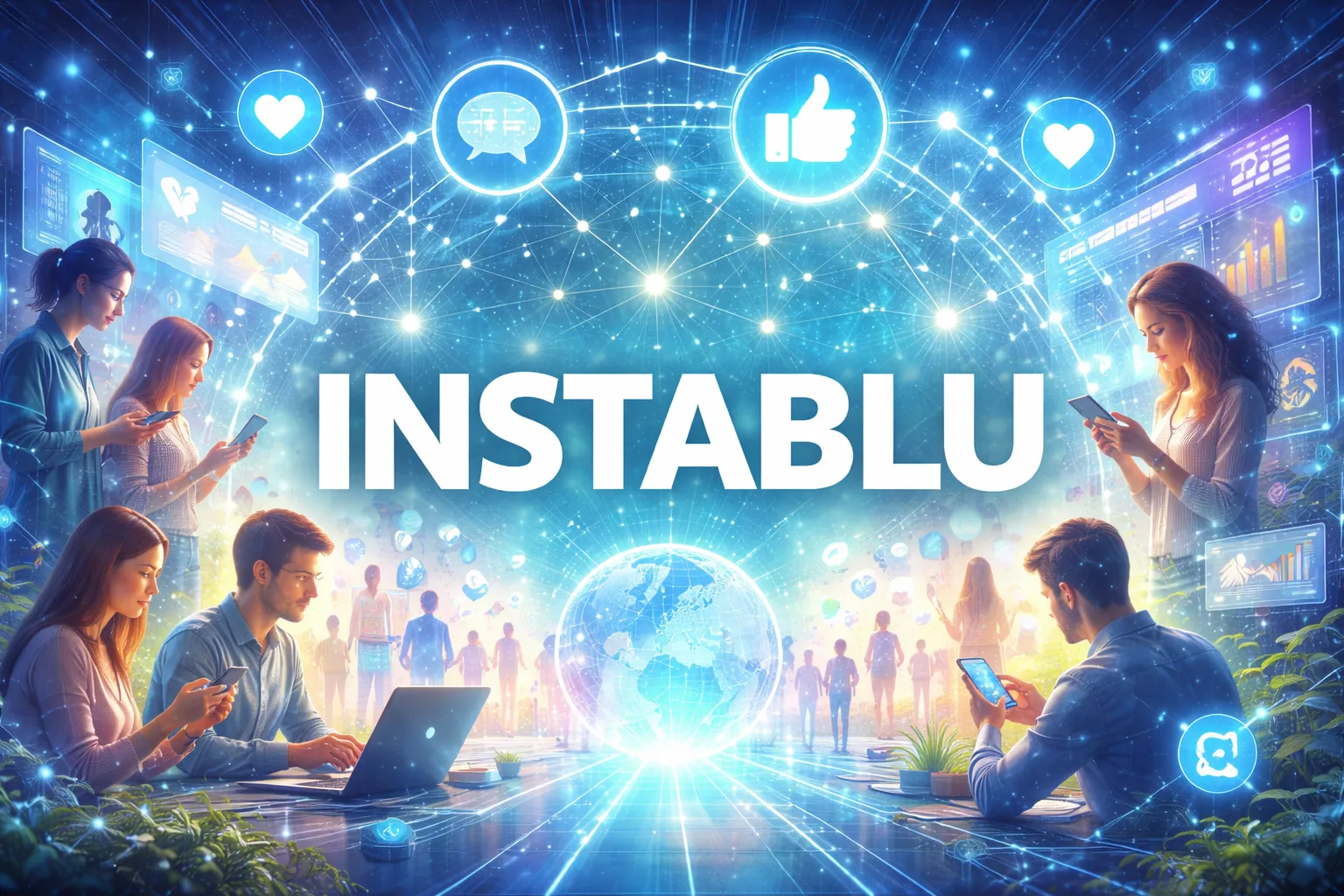 Instablu digital concept illustration showing people using smartphones and laptops connected through social media icons and a global network.