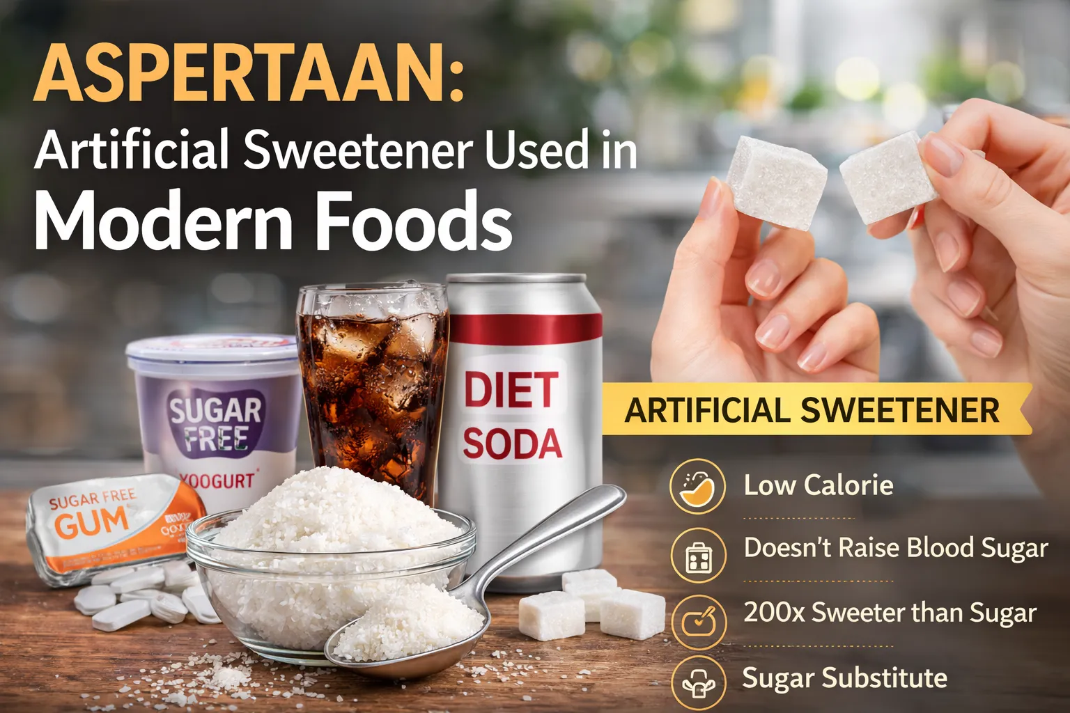 Aspertaan artificial sweetener concept showing sugar-free foods and diet beverages