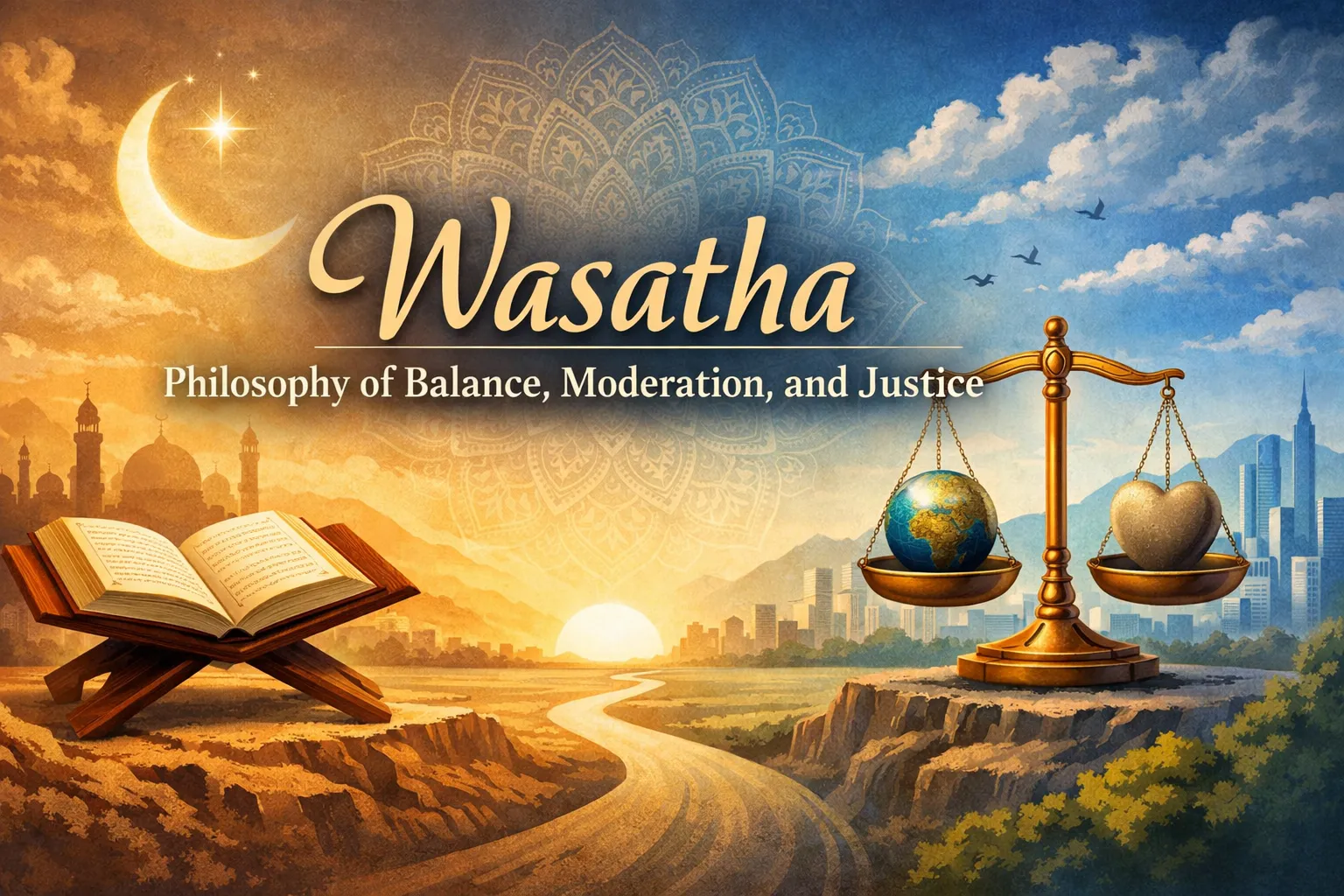 Wasatha philosophy showing balance scales, Quran, and symbolic elements of moderation and justice.